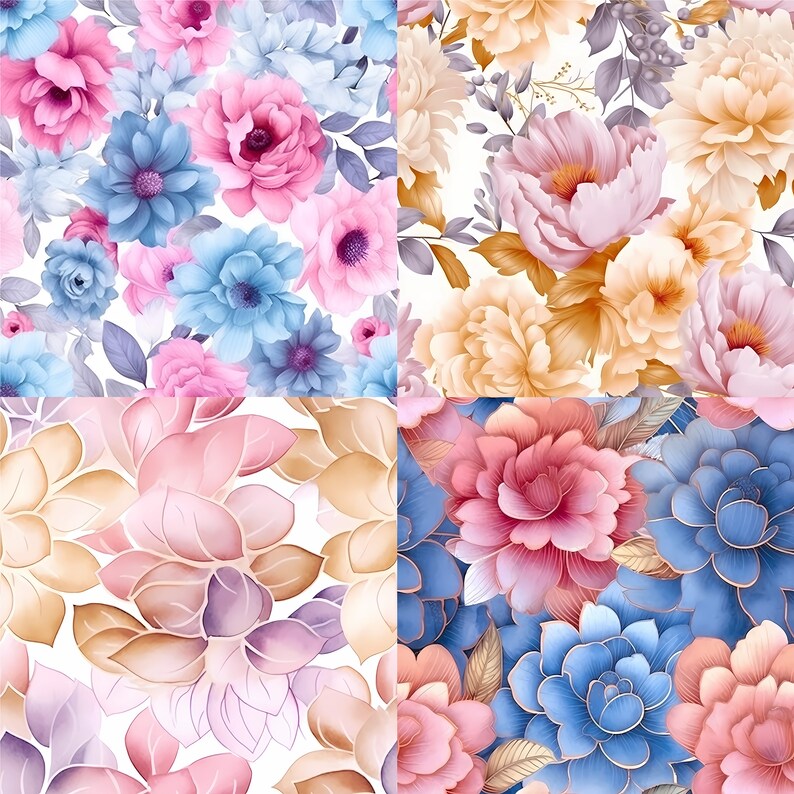 Watercolor Floral Digital Paper Set Seamless Flowers Pattern ...