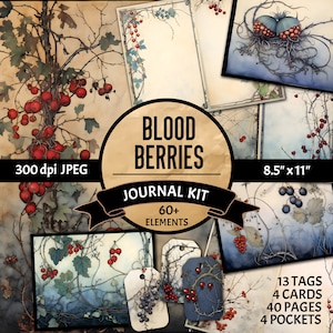 Wild Berries Gothic Journal Kit - Printable Craft Pages, Digital Tags, Pockets & Cards - Dark Aesthetic Herbal Botanical Scrapbooking Paper