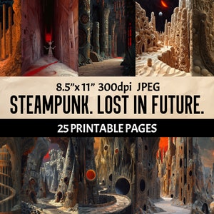 Steampunk Future Digital Paper - Dark Aesthetic Printable Pages - Abandoned City Illustration - Junk Journal Scrapbooking Collage Wall Art