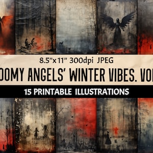 Angels Winter Forest Art - Digital Gloomy Black Red Grunge Illustrations With Mysterious Figures - Junk Journaling Scrapbooking Wall Decor