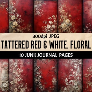 Rosso e bianco sbrindellato - Confezione da 10 pagine di diario spazzatura digitale floreale Scratch Forniture per scrapbooking Collage stampabile Ephemera
