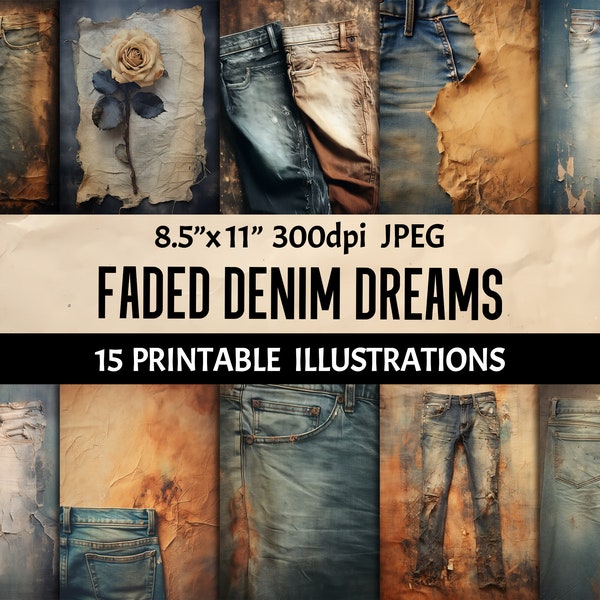 Faded Denim Dreams - Printable Grunge Blue Jeans Old Paper Digital Images for Wall Art Scrapbooking and Junk Journaling