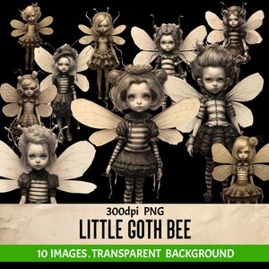 Little Goth Bee PNG 10 Gothic Images In 2 Colors Transparent Background for Junk Journal Scrapbooking Cards Crafting Collage Books Making