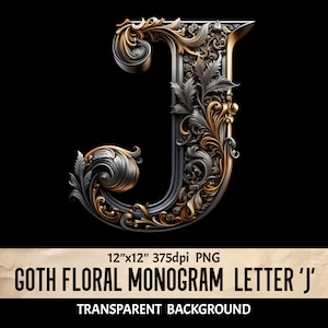 Letra de monograma "J" - Arte digital - Fondo transparente PNG - Estética gótica de metal para diario y elaboración