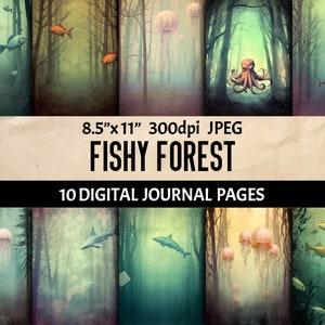 Fishy Forest - Kit di scrapbooking marino - Pagine effimere del diario stampabile - Arte della parete di documenti di diario spazzatura digitale
