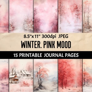 Páginas imprimibles estéticas de color rosa de invierno para diarios basura, álbumes de recortes y artesanía, papel digital artesanal en tonos rosas