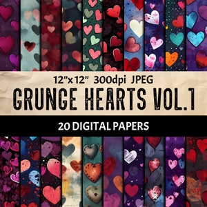 Grunge Hearts Digital Paper Set - Vintage Seamless Pattern - Scrapbooking Collage Junk Journal Cards