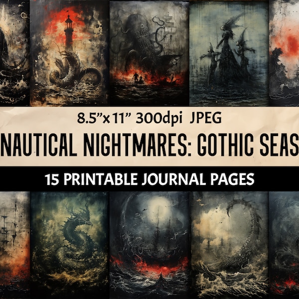 Gothic Seas Illustration Set - Digital Dark Aesthetics Sirens Kraken Serpent - Printable Pages - Junk Journal Scrapbooking Collage Wall Art