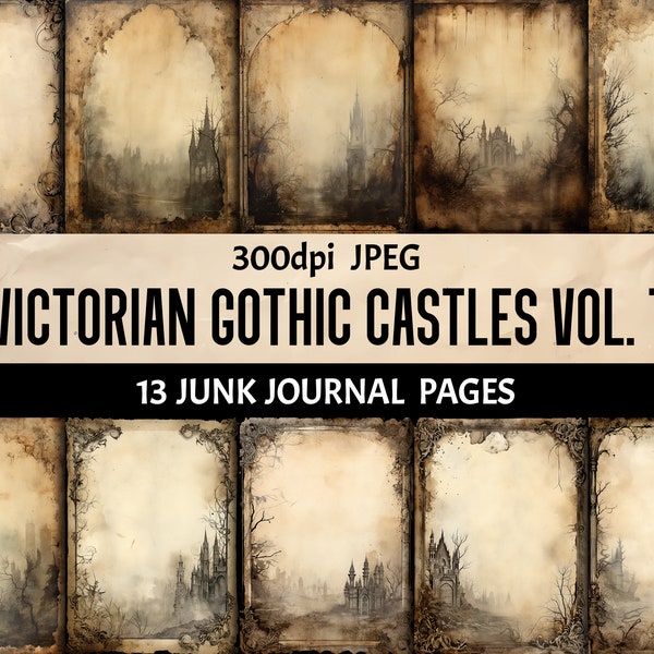 Victorian Gothic Castles - Pack of 13 Aged Scratched Distressed Digital Junk Journal Pages Scrapbooking Supplies Ephemera