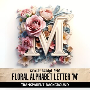 Nome Letra Inicial M - Monograma Floral Sublimação Scrapbooking Colagem Design Gráfico Junk Journals - Uso Comercial - Baixar arquivo PNG