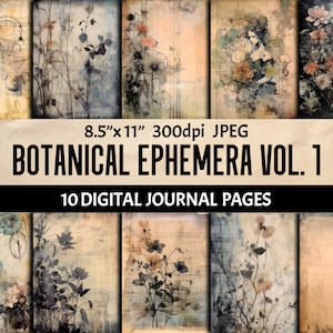Pages de journal botanique grunge - papiers imprimables esthétiques sombres vintage - Illustration numérique pour le scrapbooking, création d'art mural
