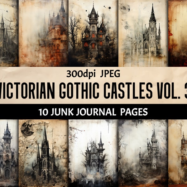 Victorian Gothic Castle - Pack of 13 Aged Scratched Distressed Digital Goth Junk Journal Pages Scrapbooking Supplies Ephemera Commercial Use