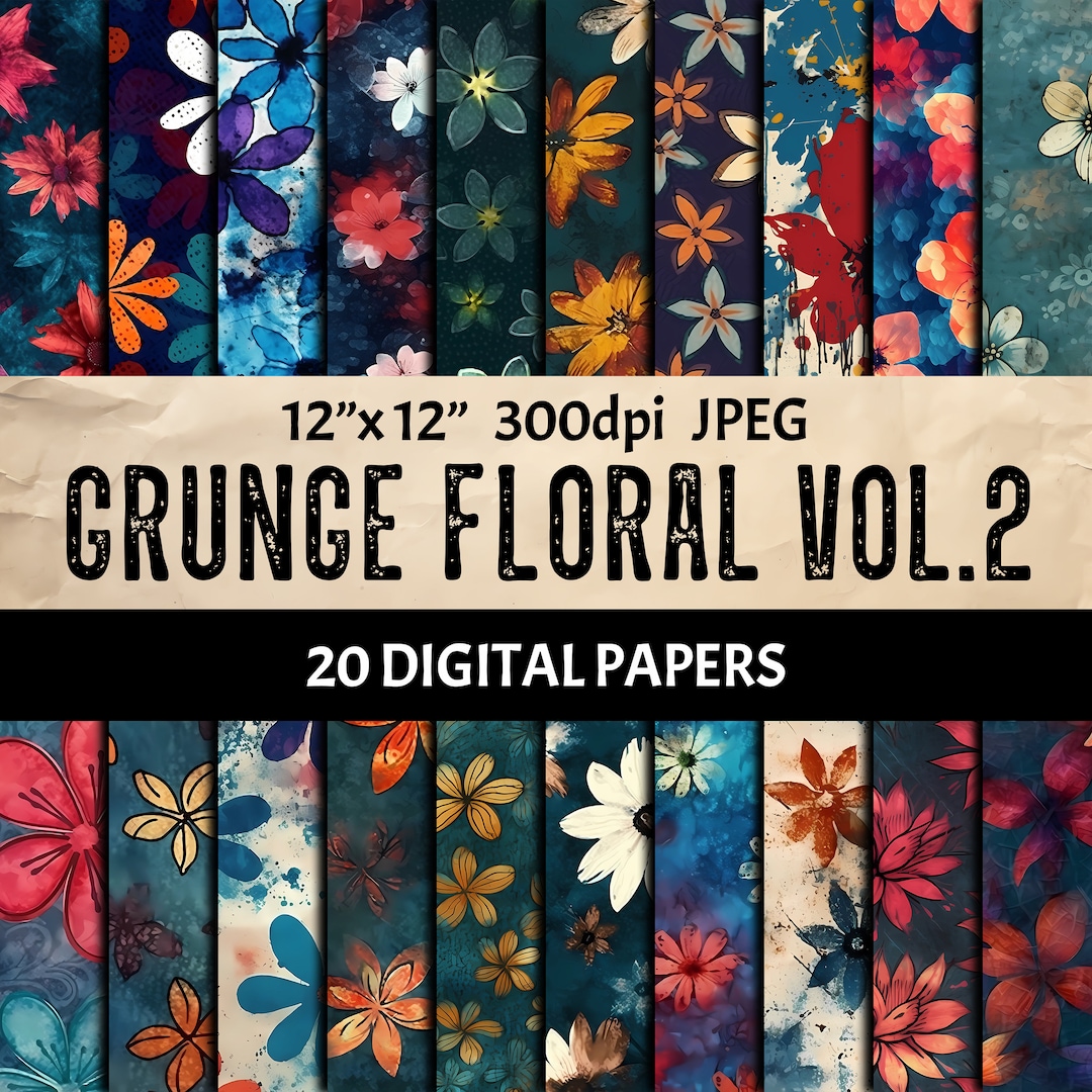 Grunge Floral Digital Paper Pack - Vintage Flower Seamless Pattern ...