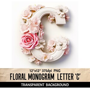Letra inicial floral C, fundo transparente PNG para sublimação Scrapbooking Colagem Design gráfico Junk Journals