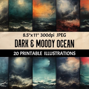 Dark Moody Ocean Digital Illustrations - Anxiety-Inducing Sea Backgrounds for Junk Journaling, Scrapbooking, Collages, Printable Wall Decor