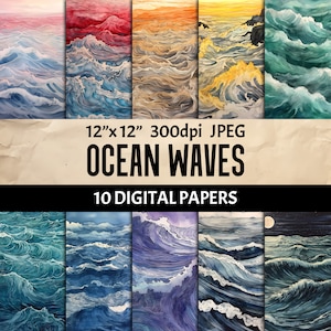 Ocean Waves 12"x12" Color Ink Drawings - Maritime  Ephemera - 10 Digital Papers for Nautical Crafts, Scrapbooks & Junk Journals