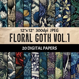 Floral Goth Pattern Seamless - Gothic Flowers Digital Paper Set - Scrapbooking Collage Junk Journal Cards
