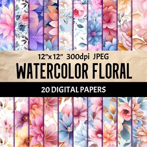 Aquarell Blumen Digital Papier Set - Nahtlose Blumen Muster - Scrapbooking Collage Junk Journal Karten