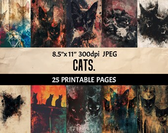 Cats Grunge Junk Journal Pages Printable - Kitty Digital Paper for Scrapbooking Collage Crafting Dark Aesthetic Feline Wall Art