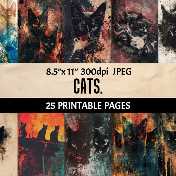 Cats Grunge Junk Journal Pages Printable - Kitty Digital Paper for Scrapbooking Collage Crafting Dark Aesthetic Feline Wall Art