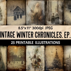 Illustrations numériques d'hiver vintage | Personnages esthétiques sombres de Noël et du nouvel an Père Noël renne | Art mural pour scrapbooking, journal indésirable