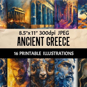 Grèce antique Fantasy 16 papiers numériques grunge imprimables haute résolution, ensemble d'artisanat de collage de collage d'art mural