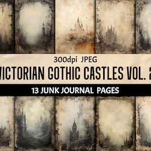 Art imprimable châteaux gothiques victoriens - lot de 13 pages de journal numérique indésirable vieilli rayé - collage de scrapbooking