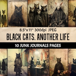 Gato preto halloween retro grunge lixo diário páginas, scrapbooking imprimível coisas efêmeras, cartão de colagem artesanato papel