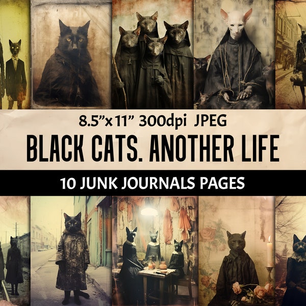 Black Cat Halloween Retro Grunge Junk Journal Pages, Scrapbooking Printable Ephemera, Collage Card Crafting Paper