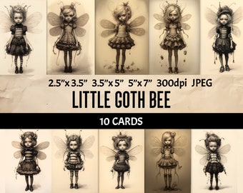 Little Goth Bee Card - 10 Digital Gothic Junk Journal Vintage Ephemera ATC Cards - Printable Collage Sheet Instant Download