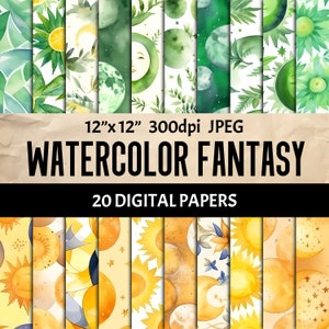 Abstract Watercolor Digital Paper Set - Seamless Green and Yellow Pattern - Scrapbooking Collage Junk Journal Cards