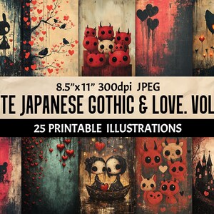 Cartões de artes de parede estéticas japonesas góticas de São Valentim, papéis de fundo, 25 imprimíveis vintage grunge para artesanato, diário, scrapbooking