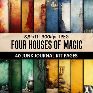 Quatro casas de magia - Kit de diário lixo, 40 páginas, suprimentos para scrapbooking, papel digital efêmero, folhas de colagem imprimíveis