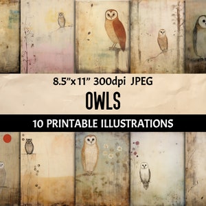 Vintage Owl-Themed Grunge Journal Pages - High-Quality Digital Printable Papers, Antique Style Scrapbook Supplies