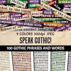 100 Printable Gothic Slang & Phrases Ephemera in 9 Colors - For Junk Journals, Scrapbooks, Collage and Card Crafting