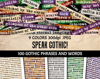 100 Printable Gothic Slang & Phrases Ephemera in 9 Colors - For Junk Journals, Scrapbooks, Collage and Card Crafting