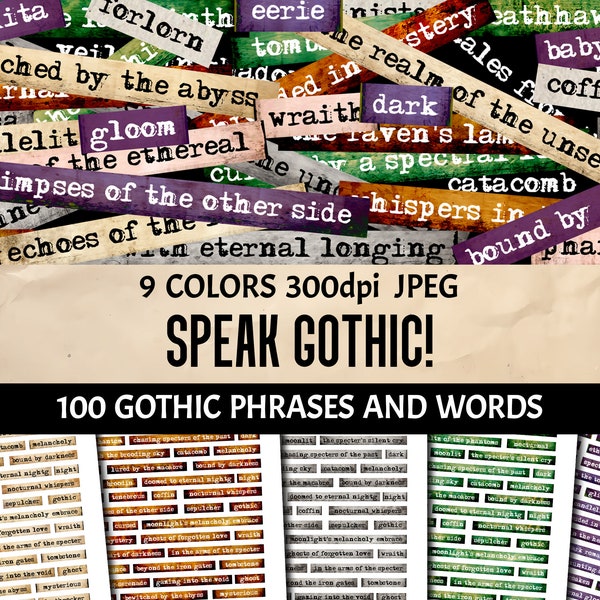 100 Printable Gothic Slang & Phrases Ephemera in 9 Colors - For Junk Journals, Scrapbooks, Collage and Card Crafting