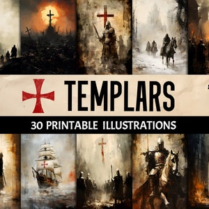 Immagini digitali dei cavalieri templari medievali: Illustrazione stampabile dell'arte dei castelli della crociata estetica oscura - Decorazione della parete di Junk Journaling Scrapbooking