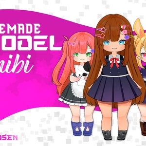 May include: Three chibi anime characters, one with pink hair and a black and white maid outfit, one with brown hair and a blue dress, and one with blonde hair and a blue and white outfit. The text "PREMADE MODEL chibi" is in the top left corner of the image.