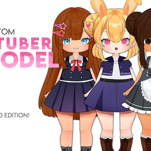 May include: Three custom VTuber models with different hairstyles and outfits. The models are wearing a blue and white school uniform, a purple and white school uniform, and a black and white maid outfit. The text "CUSTOM VTUBER MODEL LIMITED EDITION!" is displayed at the bottom of the image.
