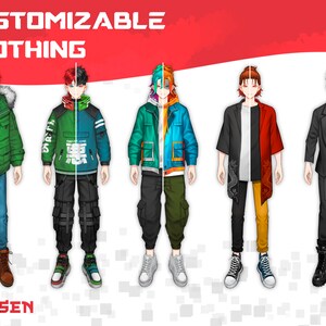 May include: Five anime-style characters wearing different outfits. The characters are all wearing jackets, pants, and shoes. The text "CUSTOMIZABLE CLOTHING" is at the top of the image, and the text "CHOSEN" is at the bottom of the image.