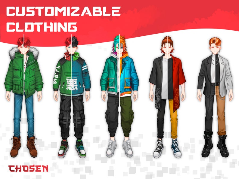 May include: Five anime-style characters wearing different outfits. The characters are all wearing jackets, pants, and shoes. The text "CUSTOMIZABLE CLOTHING" is at the top of the image, and the text "CHOSEN" is at the bottom of the image.