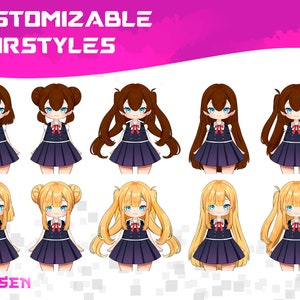 K&ouml;nnte beinhalten: Eine digitale Illustration von acht verschiedenen Anime-Frisuren f&uuml;r eine weibliche Figur. Die Figur tr&auml;gt ein dunkelblaues und violettes Kleid mit einem wei&szlig;en Kragen und einer roten Schleife. Die Frisuren umfassen kurzes, langes, glattes, lockiges und welliges Haar. Der Text "CUSTOMIZABLE HAIRSTYLES" befindet sich oben im Bild und der Text "CHOSEN" unten im Bild.