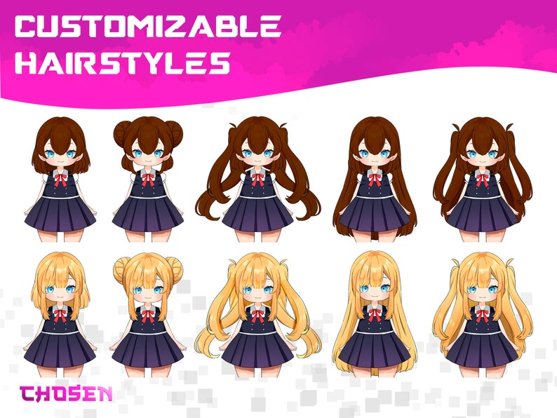 K&ouml;nnte beinhalten: Eine digitale Illustration von acht verschiedenen Anime-Frisuren f&uuml;r eine weibliche Figur. Die Figur tr&auml;gt ein dunkelblaues und violettes Kleid mit einem wei&szlig;en Kragen und einer roten Schleife. Die Frisuren umfassen kurzes, langes, glattes, lockiges und welliges Haar. Der Text "CUSTOMIZABLE HAIRSTYLES" befindet sich oben im Bild und der Text "CHOSEN" unten im Bild.