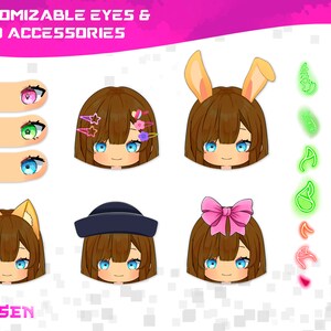 K&ouml;nnte beinhalten: Ein anpassbarer Avatar-Ersteller mit verschiedenen Augen- und Kopfbedeckungsoptionen. Die Optionen umfassen rosa, gr&uuml;ne und blaue Augen, Hasenohren, einen Hut, eine Schleife und gr&uuml;ne und rote H&ouml;rner.