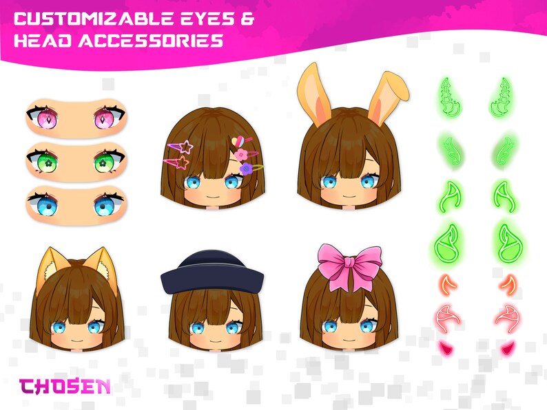 K&ouml;nnte beinhalten: Ein anpassbarer Avatar-Ersteller mit verschiedenen Augen- und Kopfbedeckungsoptionen. Die Optionen umfassen rosa, gr&uuml;ne und blaue Augen, Hasenohren, einen Hut, eine Schleife und gr&uuml;ne und rote H&ouml;rner.