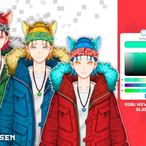 May include: Three anime characters wearing winter jackets with fur-lined hoods. Each character has a different colored jacket and a different colored bandana with cat ears on their head. The bandana colors are red, blue, and green. The characters are standing in front of a color picker tool with the text "RGB/HSV COLOR SLIDER" and the word "CHOSEN" at the bottom of the image.