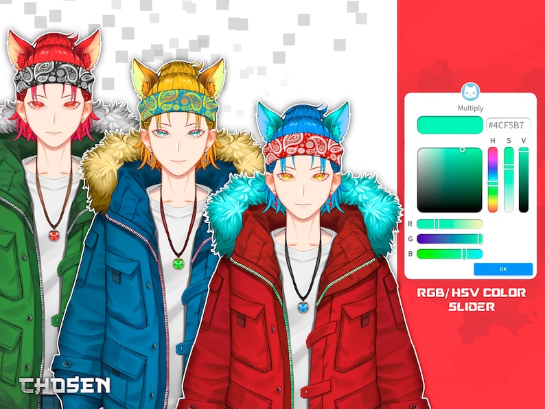 May include: Three anime characters wearing winter jackets with fur-lined hoods. Each character has a different colored jacket and a different colored bandana with cat ears on their head. The bandana colors are red, blue, and green. The characters are standing in front of a color picker tool with the text "RGB/HSV COLOR SLIDER" and the word "CHOSEN" at the bottom of the image.