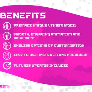 K&ouml;nnte beinhalten: Rosa-wei&szlig;es Grafik mit dem Wort "VORTEILE" in wei&szlig;em Text. F&uuml;nf wei&szlig;e Symbole mit Text, der die Vorteile eines Produkts beschreibt. Der Text beinhaltet: "Vorgefertigtes einzigartiges VTuber-Modell", "Glatte, ansprechende Animation und Bewegung", "Endlose M&ouml;glichkeiten der Anpassung", "Einfach zu bedienen (Anweisungen werden mitgeliefert)" und "Zuk&uuml;nftige Updates enthalten".