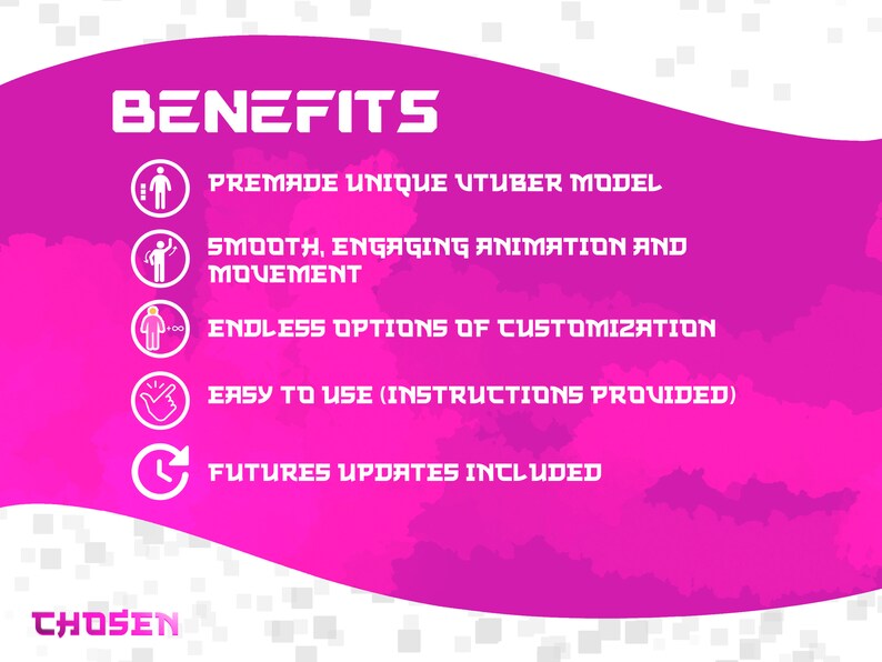 K&ouml;nnte beinhalten: Rosa-wei&szlig;es Grafik mit dem Wort "VORTEILE" in wei&szlig;em Text. F&uuml;nf wei&szlig;e Symbole mit Text, der die Vorteile eines Produkts beschreibt. Der Text beinhaltet: "Vorgefertigtes einzigartiges VTuber-Modell", "Glatte, ansprechende Animation und Bewegung", "Endlose M&ouml;glichkeiten der Anpassung", "Einfach zu bedienen (Anweisungen werden mitgeliefert)" und "Zuk&uuml;nftige Updates enthalten".